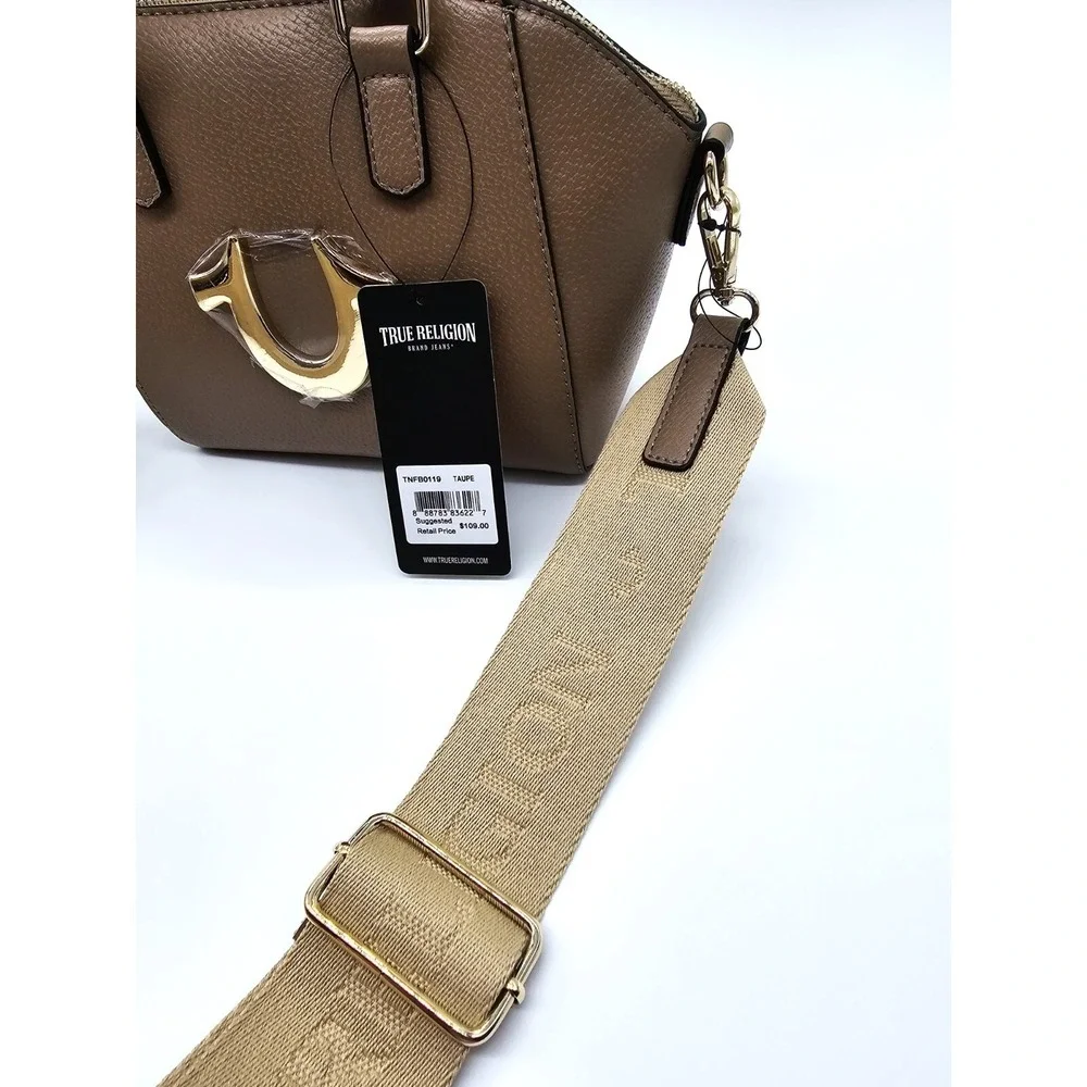 NWT True Religion Taupe Satchel Handbag Crossbody Purse Gold Logo MSRP $109